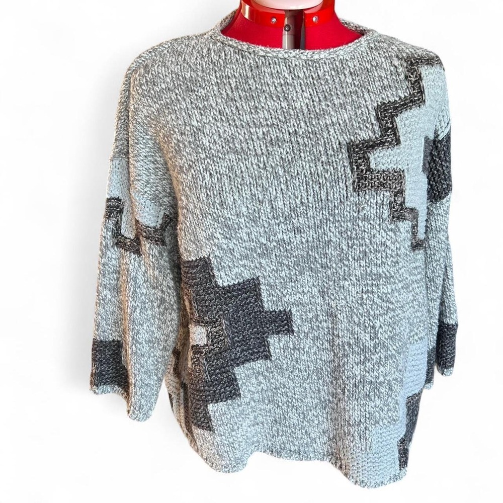 J Jill Slouchy Boho Grey Aztec Print Crewneck Knit Sweater Medium